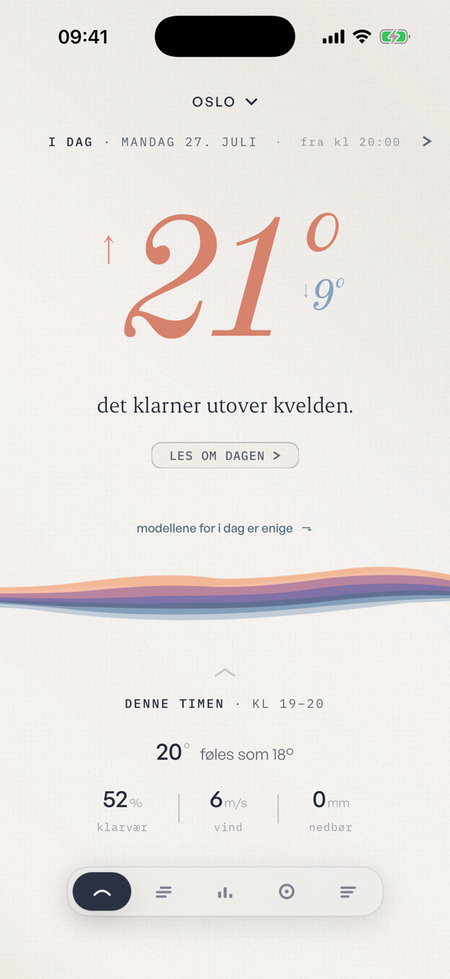 klarnings forside på iphone: 21 grader, «det klarner utover kvelden», og en linje om at modellene for i dag er enige.